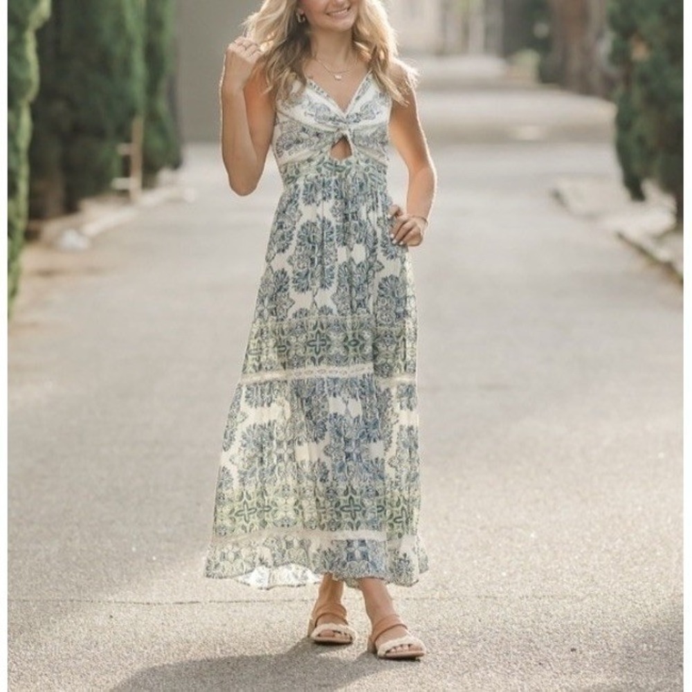 ANGIE Twist Front Keyhole Med Maxi Dress Blue Green Cream Floral Smocked Back *